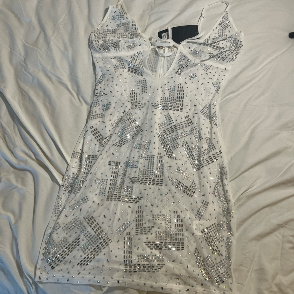 RHINESTONE White AKIRA Spaghetti Strap Slip Dress size L - Picture 2 of 5
